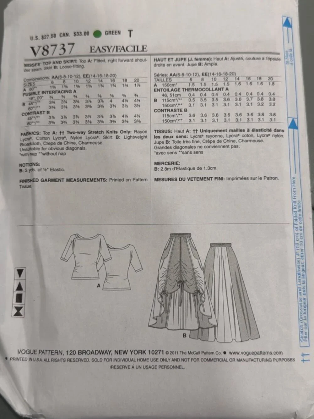 Vogue Sewing Pattern V8737 Misses Top & Skirt Sizes 14-20 EE Uncut